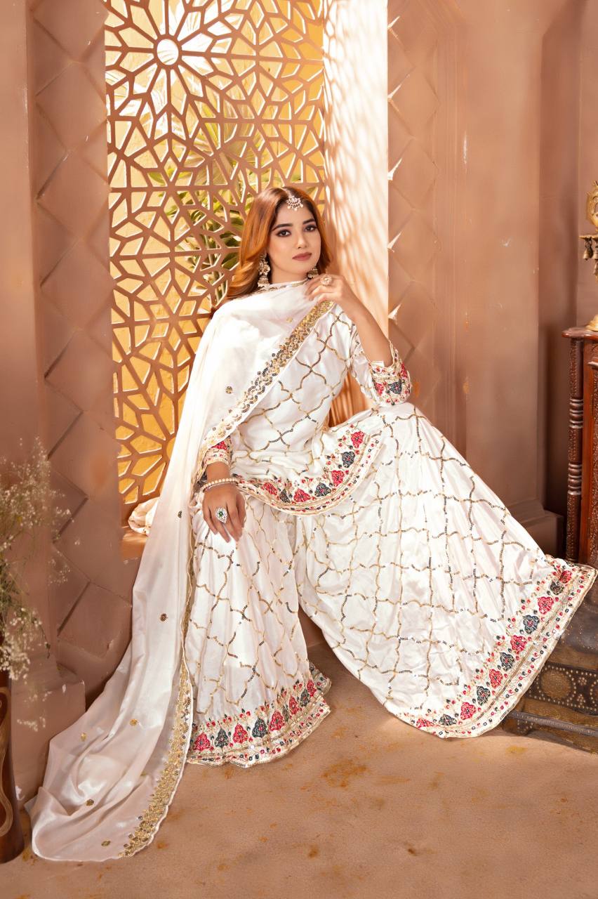 AAvaran Chinon Silk Embroidered Sharara Plazo Set