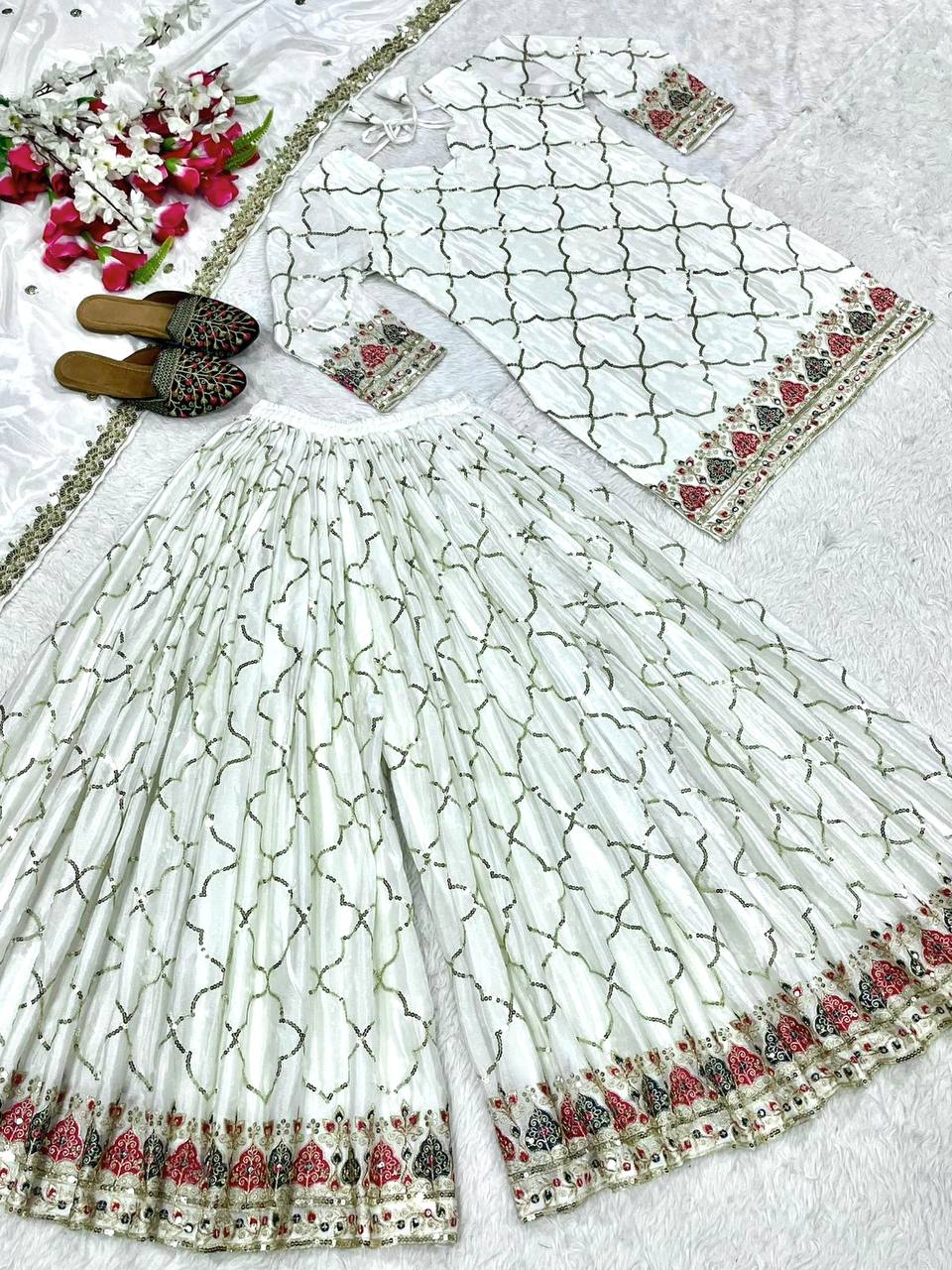 AAvaran Chinon Silk Embroidered Sharara Plazo Set