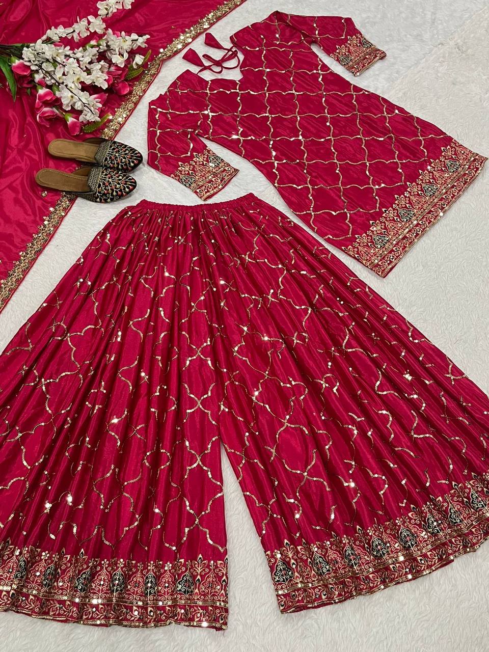 AAvaran Chinon Silk Embroidered Sharara Plazo Set