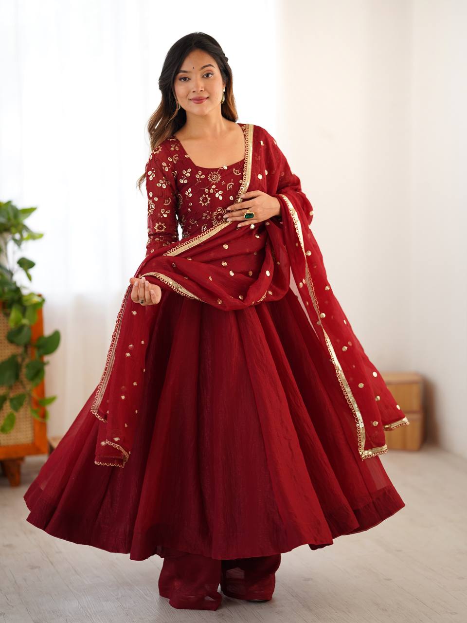 Crimson & Ochre Royale Silk Anarkali Gown by AAvaran