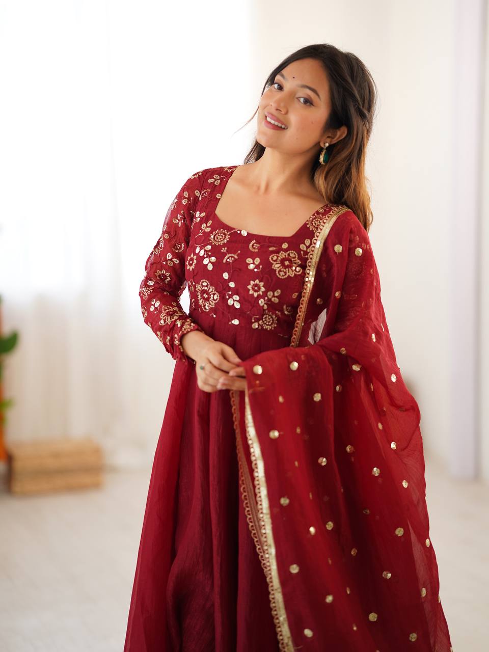 Crimson & Ochre Royale Silk Anarkali Gown by AAvaran