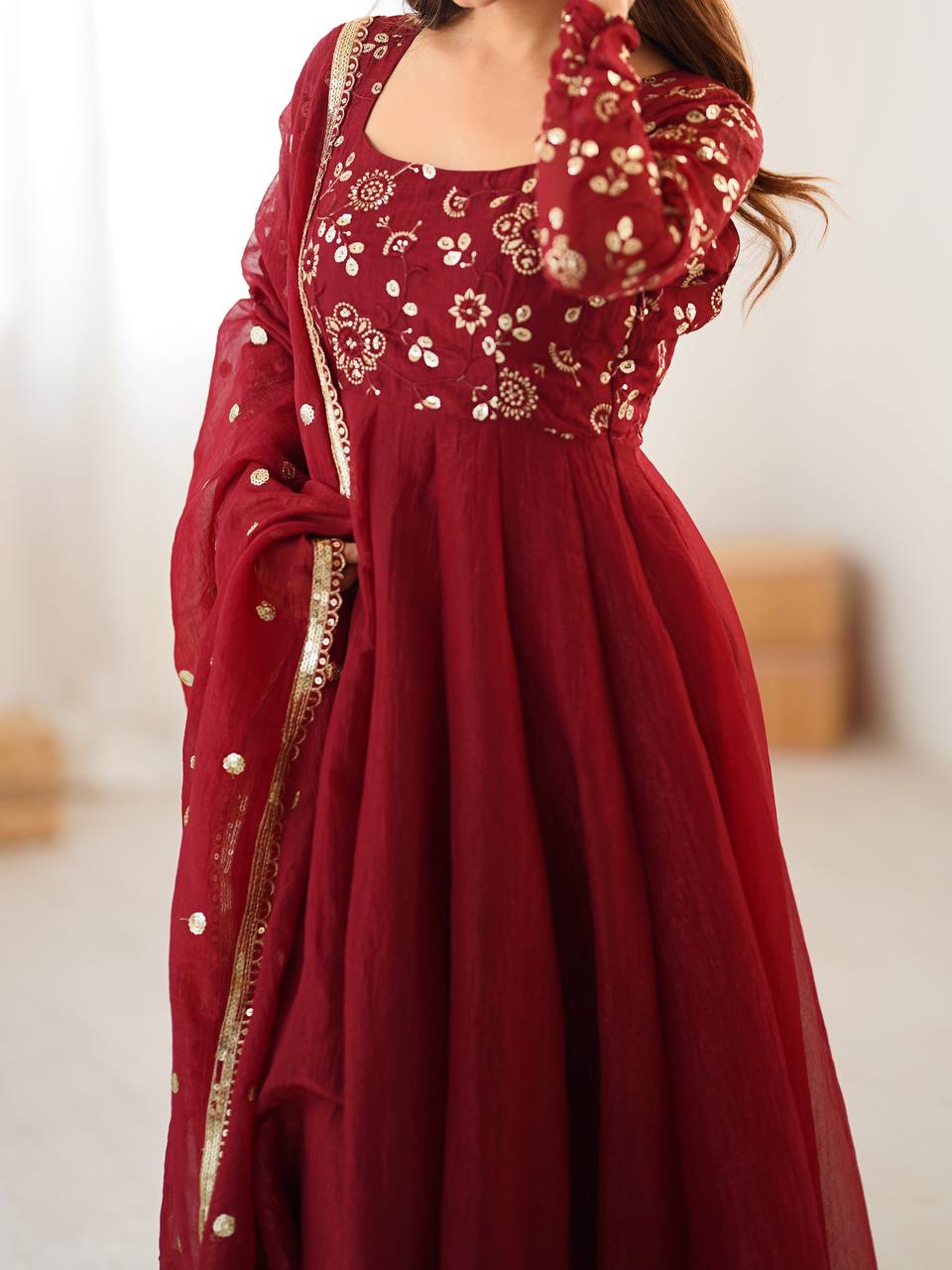 Crimson & Ochre Royale Silk Anarkali Gown by AAvaran