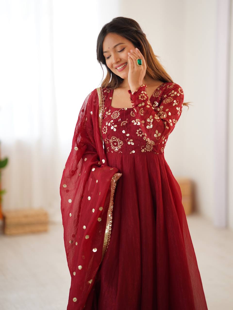 Crimson & Ochre Royale Silk Anarkali Gown by AAvaran