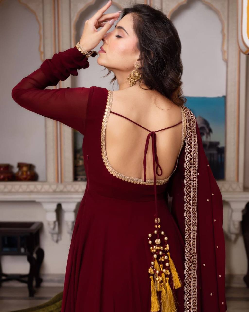 AAvaran Maroon Embroidered Georgette Anarkali Plazo Suit with Dupatta | AAvaran Anarkali with dupatta & Plazo