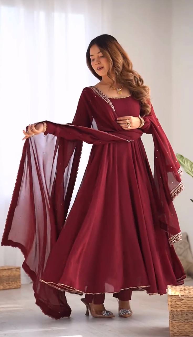 AAvaran Maroon Embroidered Georgette Anarkali Plazo Suit with Dupatta | AAvaran Anarkali with dupatta & Plazo