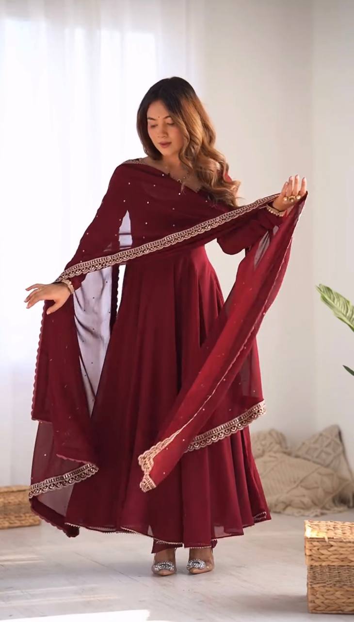 AAvaran Maroon Embroidered Georgette Anarkali Plazo Suit with Dupatta | AAvaran Anarkali with dupatta & Plazo