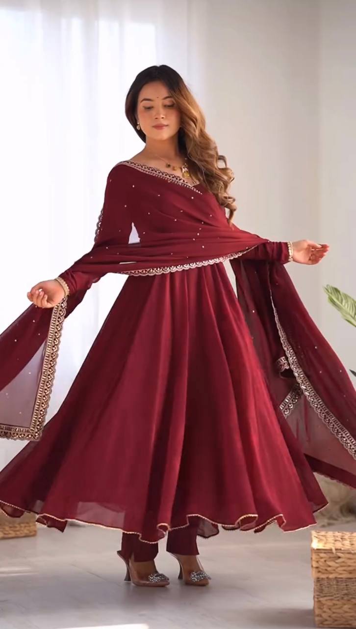 AAvaran Maroon Embroidered Georgette Anarkali Plazo Suit with Dupatta | AAvaran Anarkali with dupatta & Plazo