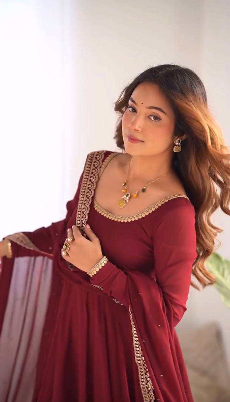 AAvaran Maroon Embroidered Georgette Anarkali Plazo Suit with Dupatta | AAvaran Anarkali with dupatta & Plazo