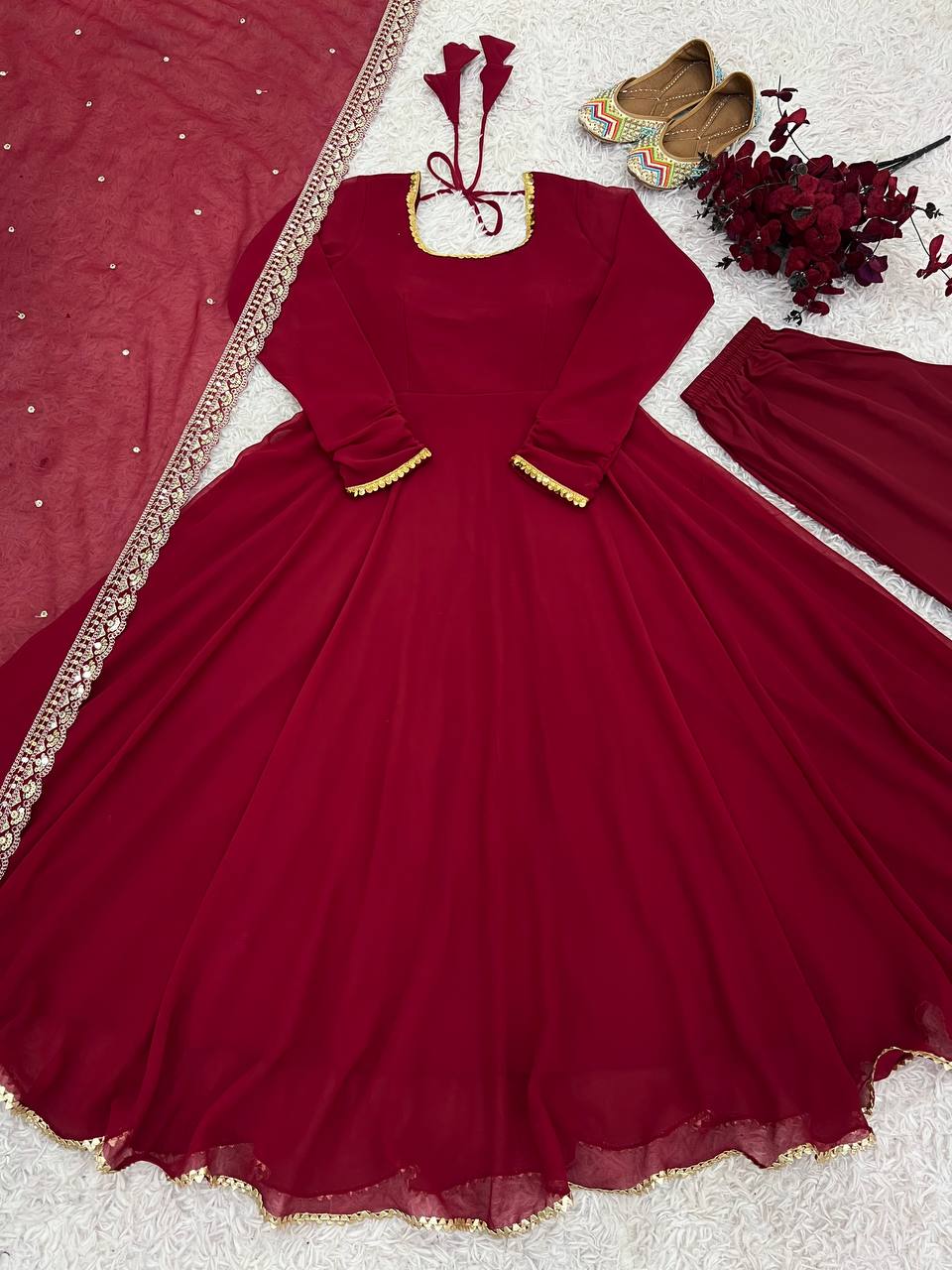 Maroon Embroidered Georgette Anarkali Plazo Suit with Dupatta | AAvaran