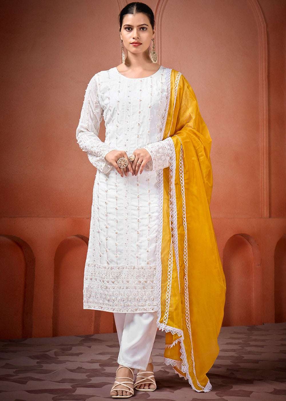 AAvaran AAvaran Embroidered Georgette Suit Set with Dupatta – Motif Elegance Amber Kurti Set with dupatta & Pant