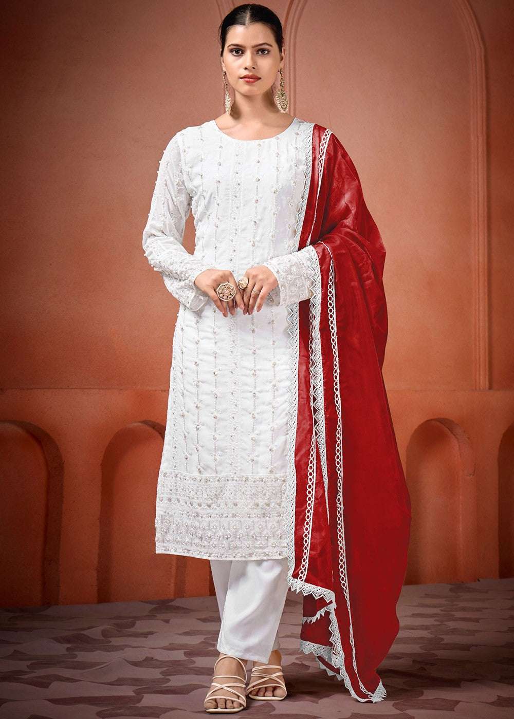 AAvaran AAvaran Embroidered Georgette Suit Set with Dupatta – Motif Elegance Cherry Red Kurti Set with dupatta & Pant