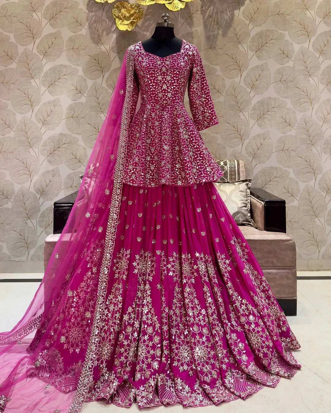 AAvaran Faux Georgette Sequin Embroidered Lehenga Set | AAvaran Dark Pink Lehenga Choli