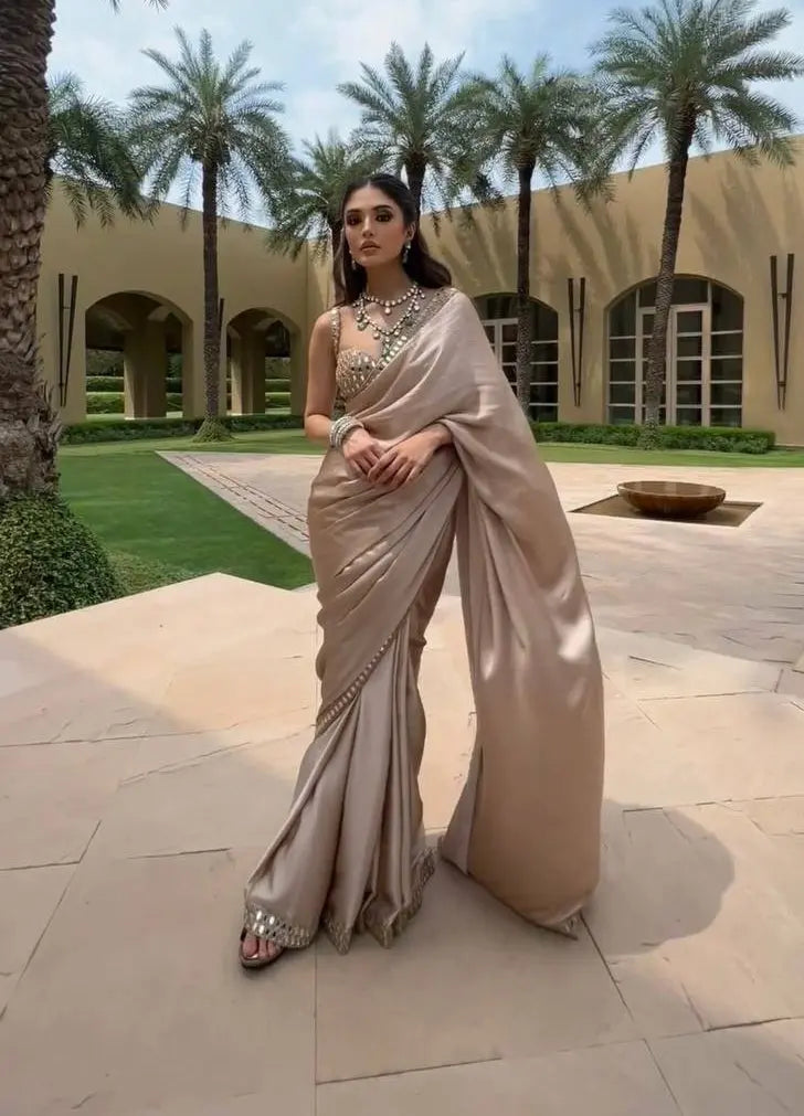 AAvaran Beige Thread & Mirror Work Satin Silk Saree | AAvaran Designer Drape Japan Satin Silk Saree