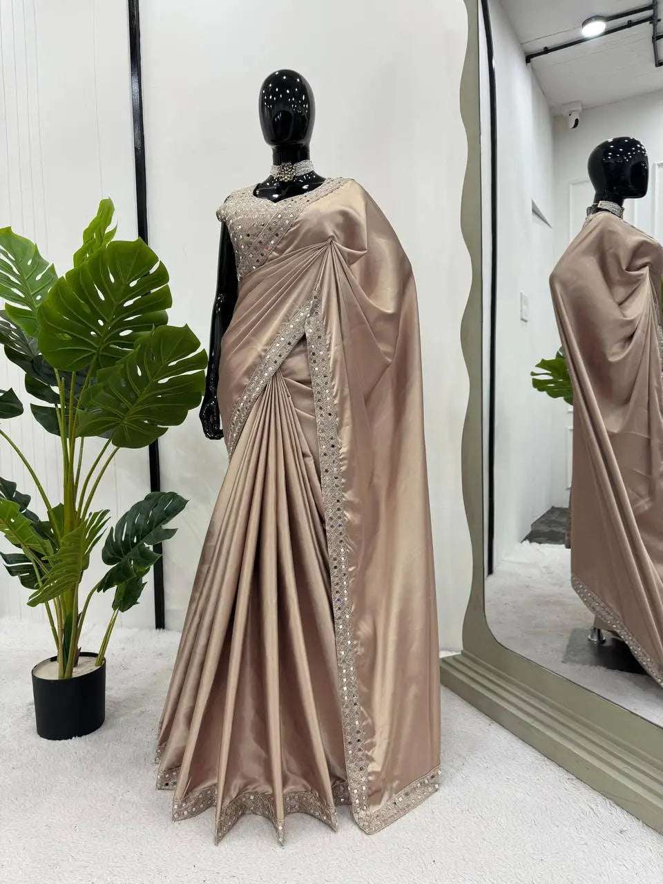 AAvaran Beige Thread & Mirror Work Satin Silk Saree | AAvaran Designer Drape Japan Satin Silk Saree