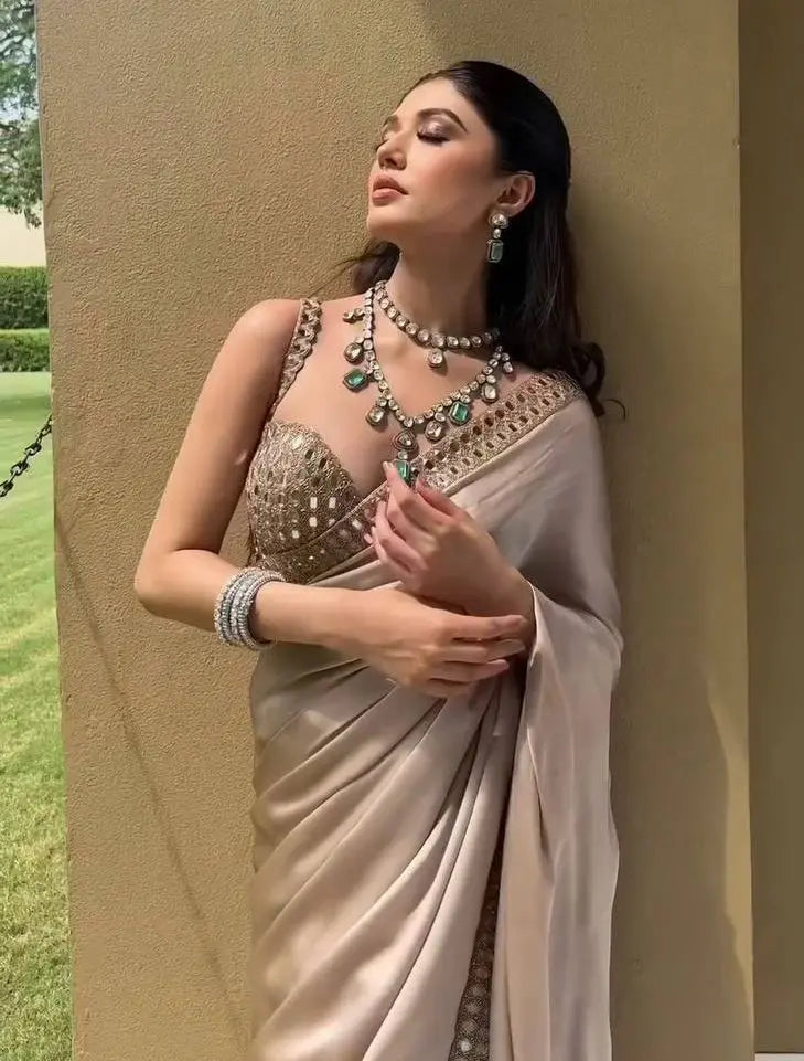 AAvaran Beige Thread & Mirror Work Satin Silk Saree | AAvaran Designer Drape Japan Satin Silk Saree