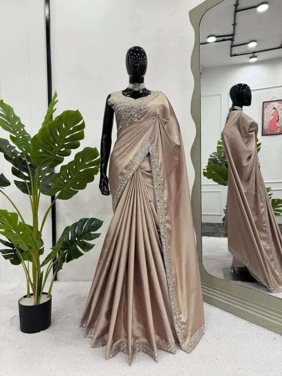 AAvaran Beige Thread & Mirror Work Satin Silk Saree | AAvaran Designer Drape Japan Satin Silk Saree