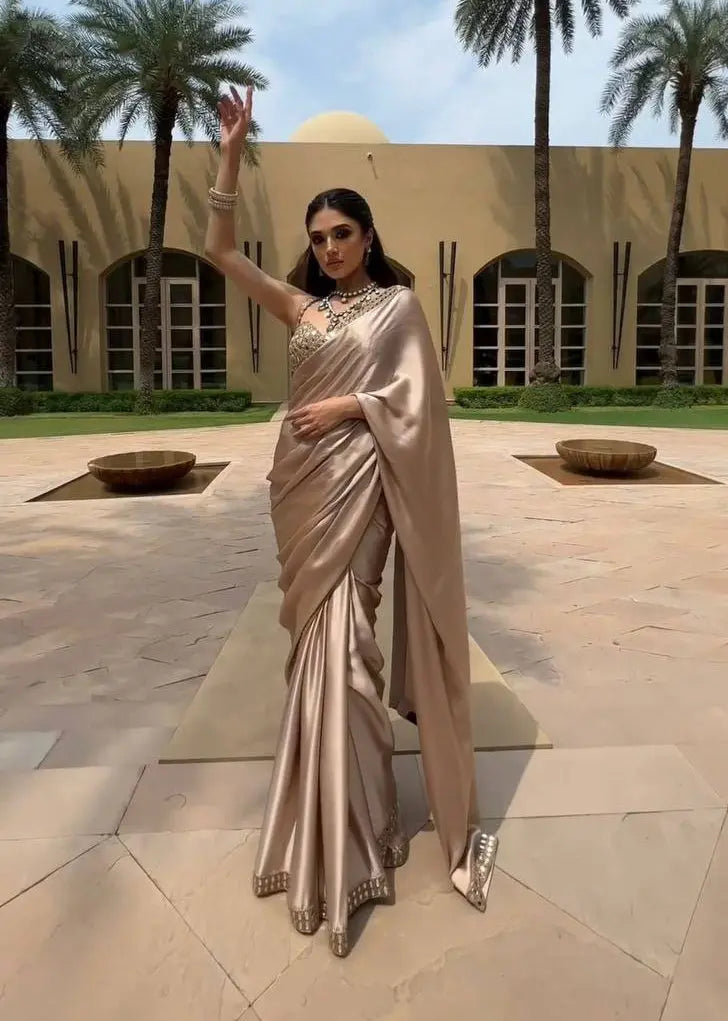 AAvaran Beige Thread & Mirror Work Satin Silk Saree | AAvaran Designer Drape Japan Satin Silk Saree