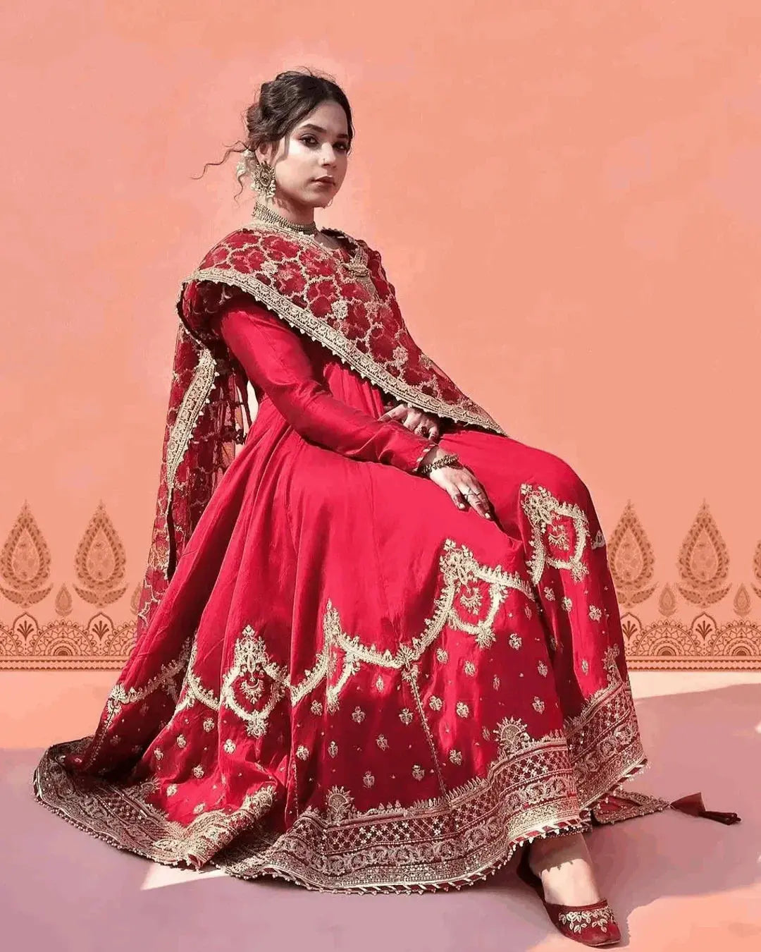 AAvaran AAvaran Red, White & Burgundy Heavy Faux Georgette Embroidered Anarkali Suit Red Anarkali Set with dupatta & Pant