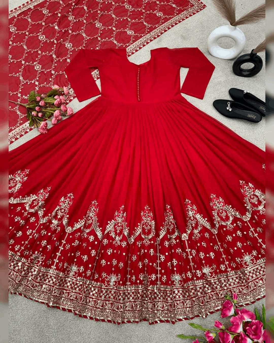 AAvaran AAvaran Red, White & Burgundy Heavy Faux Georgette Embroidered Anarkali Suit Anarkali Set with dupatta & Pant