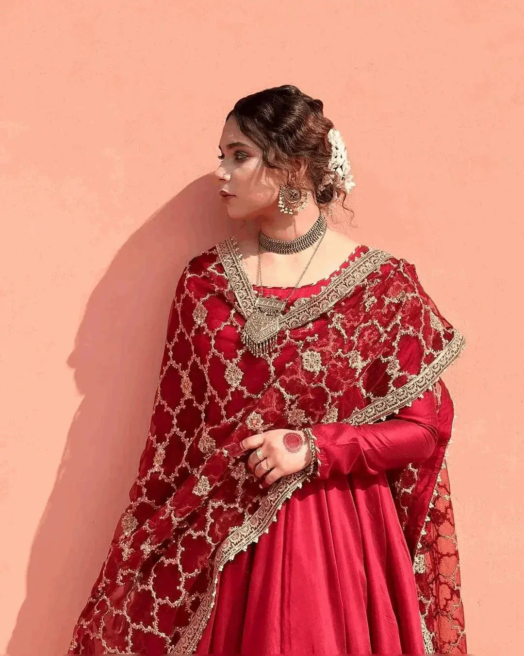 AAvaran AAvaran Red, White & Burgundy Heavy Faux Georgette Embroidered Anarkali Suit Anarkali Set with dupatta & Pant