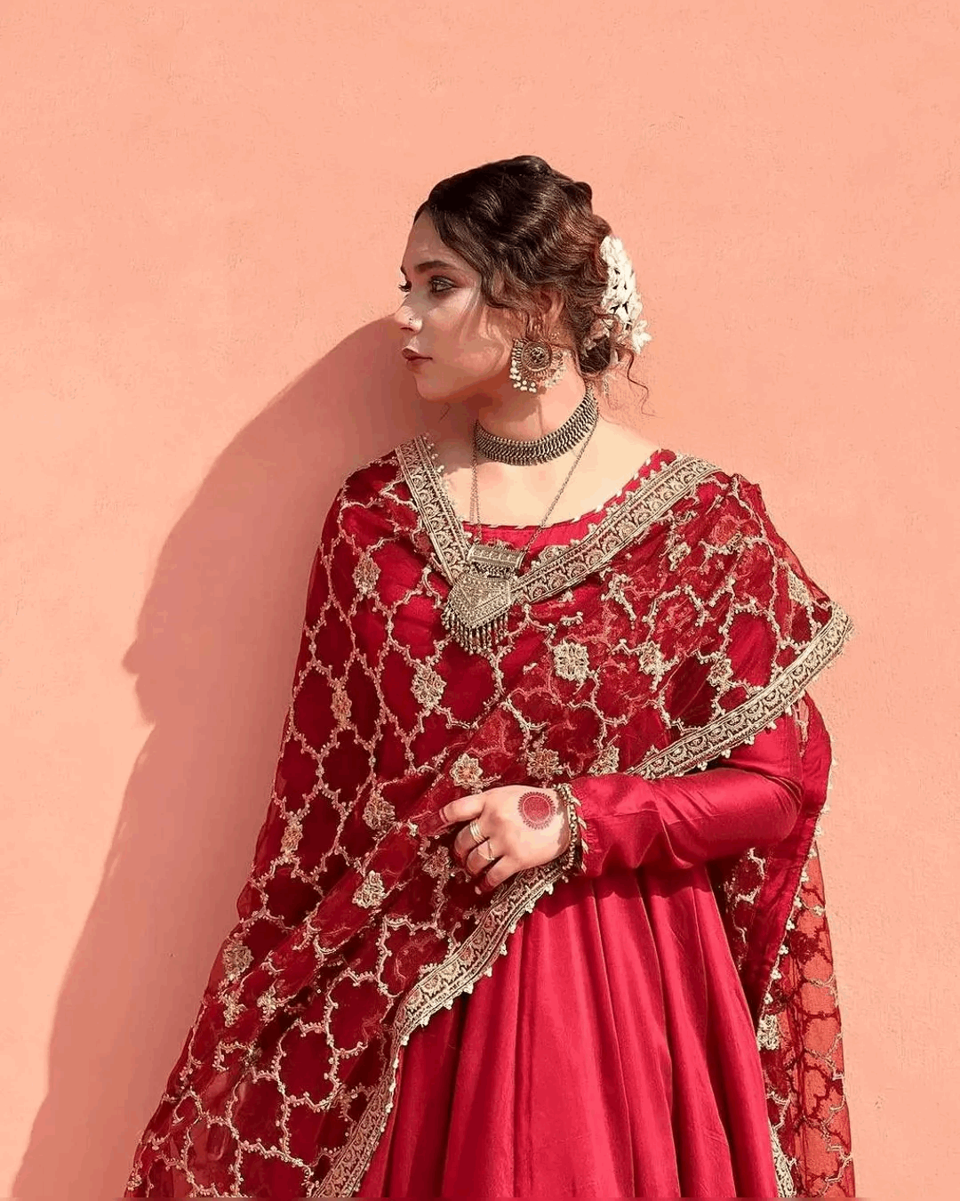 AAvaran AAvaran Red, White & Burgundy Heavy Faux Georgette Embroidered Anarkali Suit Anarkali Set with dupatta & Pant