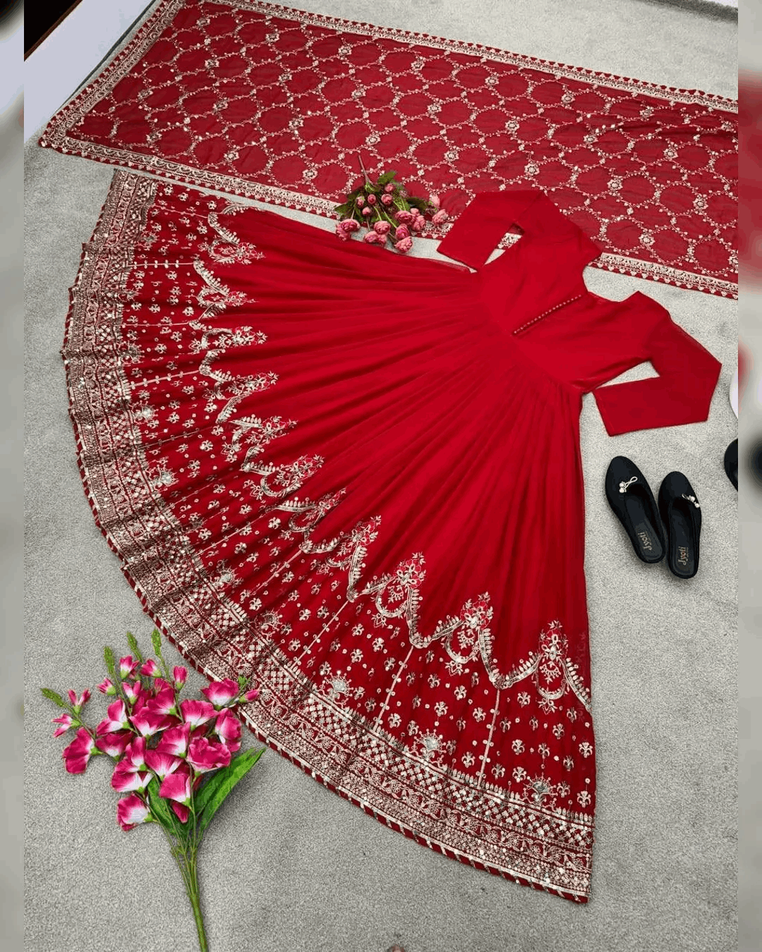 AAvaran AAvaran Red, White & Burgundy Heavy Faux Georgette Embroidered Anarkali Suit Anarkali Set with dupatta & Pant