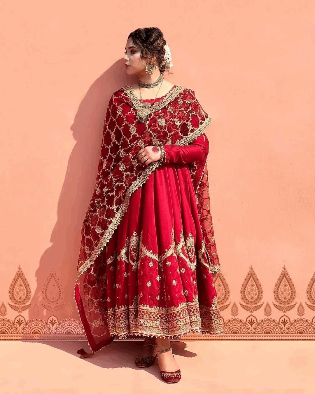 AAvaran AAvaran Red, White & Burgundy Heavy Faux Georgette Embroidered Anarkali Suit Anarkali Set with dupatta & Pant