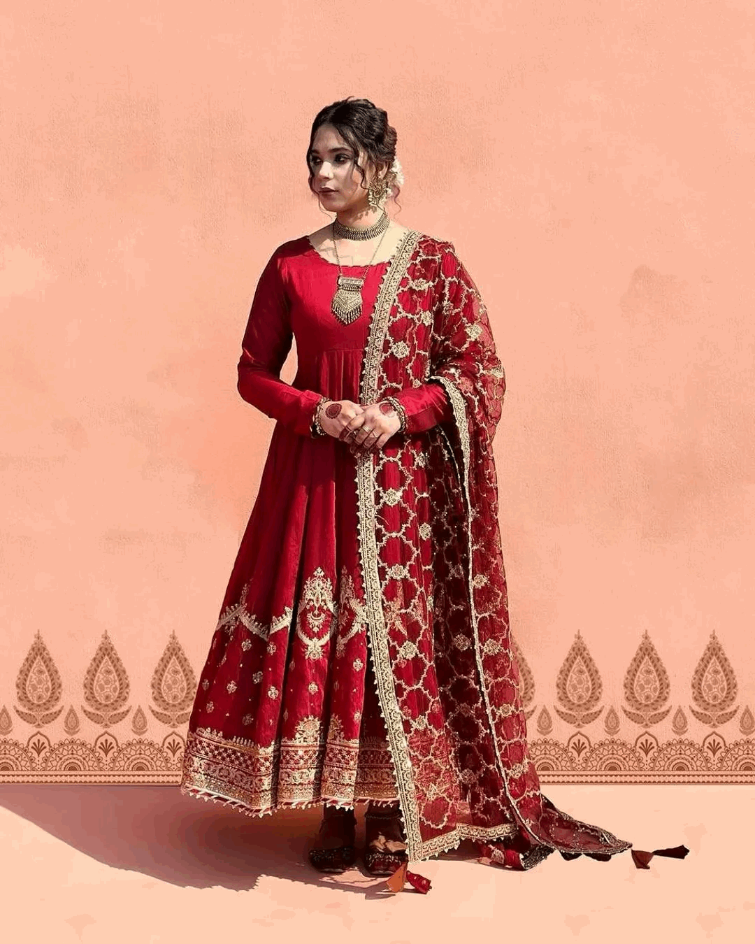 AAvaran AAvaran Red, White & Burgundy Heavy Faux Georgette Embroidered Anarkali Suit Anarkali Set with dupatta & Pant