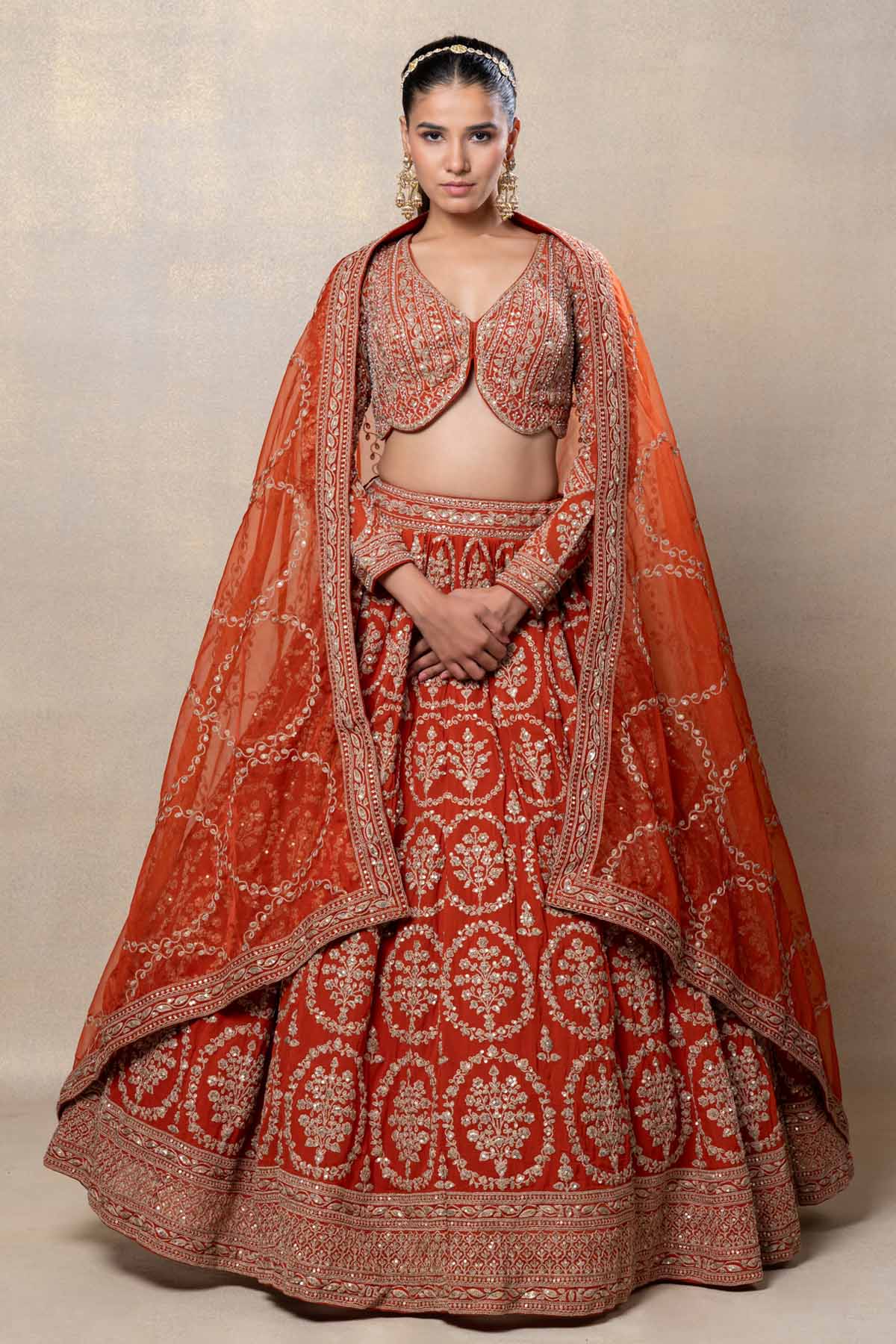 AAvaran Rust Orange Floral Medallion Bridal Lehenga with Embroidered Blouse | AAvaran Lehenga Choli