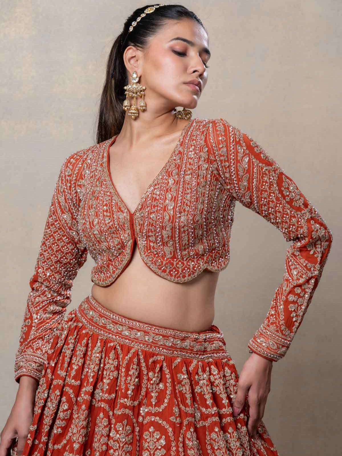 AAvaran Rust Orange Floral Medallion Bridal Lehenga with Embroidered Blouse | AAvaran Lehenga Choli