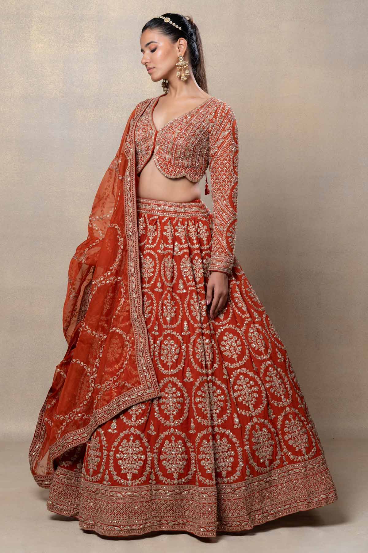 AAvaran Rust Orange Floral Medallion Bridal Lehenga with Embroidered Blouse | AAvaran Lehenga Choli