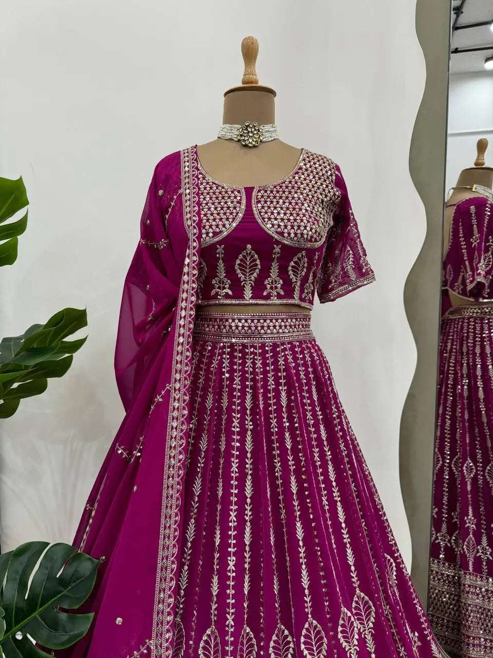 AAvaran AAvaran Dark Pink Sequence Work Georgette Lehenga Choli for Wedding & Reception Lehenga Choli