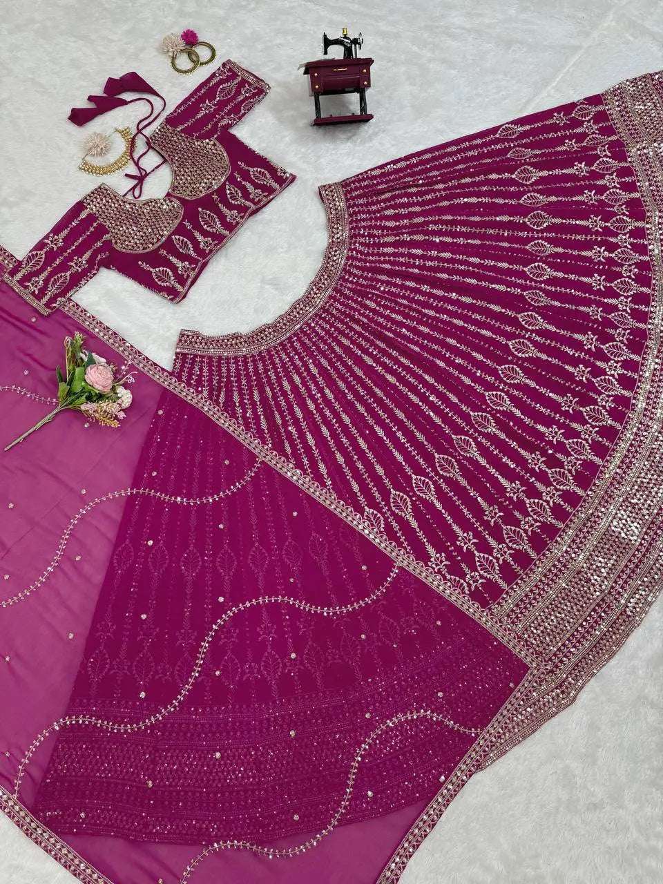 AAvaran AAvaran Dark Pink Sequence Work Georgette Lehenga Choli for Wedding & Reception Lehenga Choli