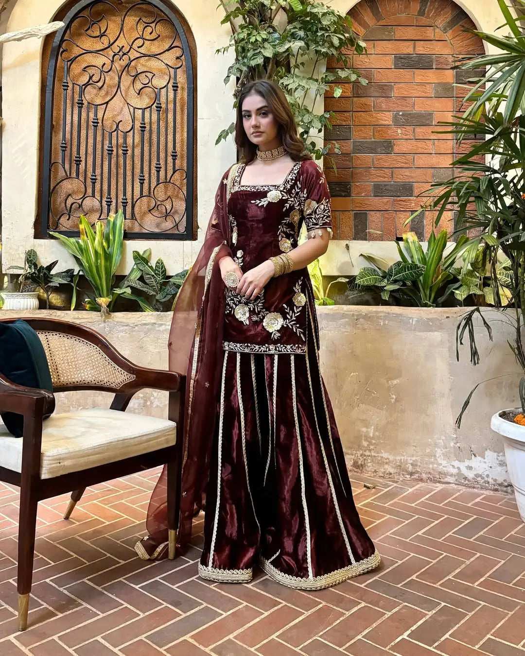 AAvaran Maroon Velvet Embroidered Sharara Suit with Dupatta | AAvaran Luxe Set Kurti Set with dupatta & Sharara Plazo