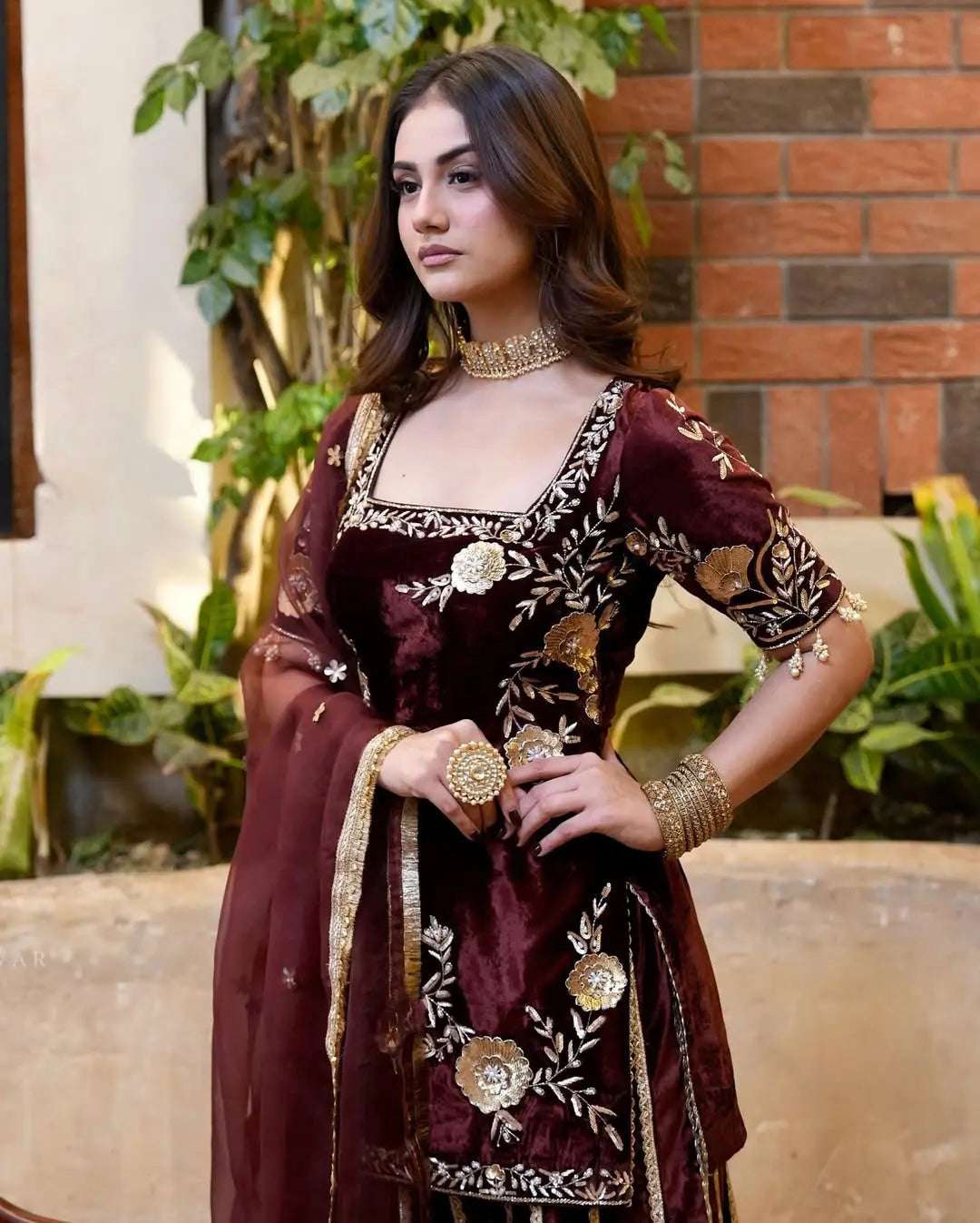 AAvaran Maroon Velvet Embroidered Sharara Suit with Dupatta | AAvaran Luxe Set Kurti Set with dupatta & Sharara Plazo