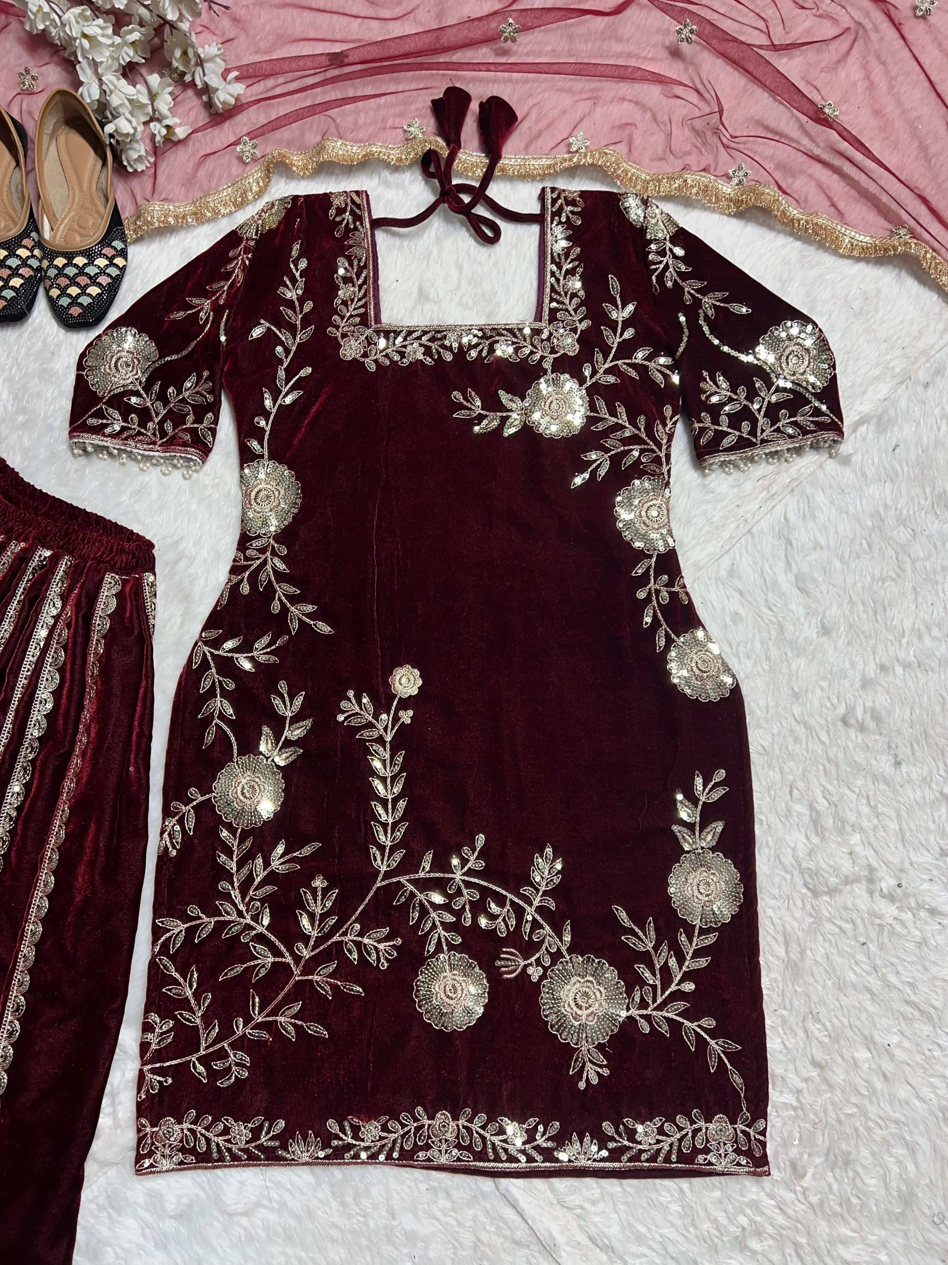 AAvaran Maroon Velvet Embroidered Sharara Suit with Dupatta | AAvaran Luxe Set Kurti Set with dupatta & Sharara Plazo