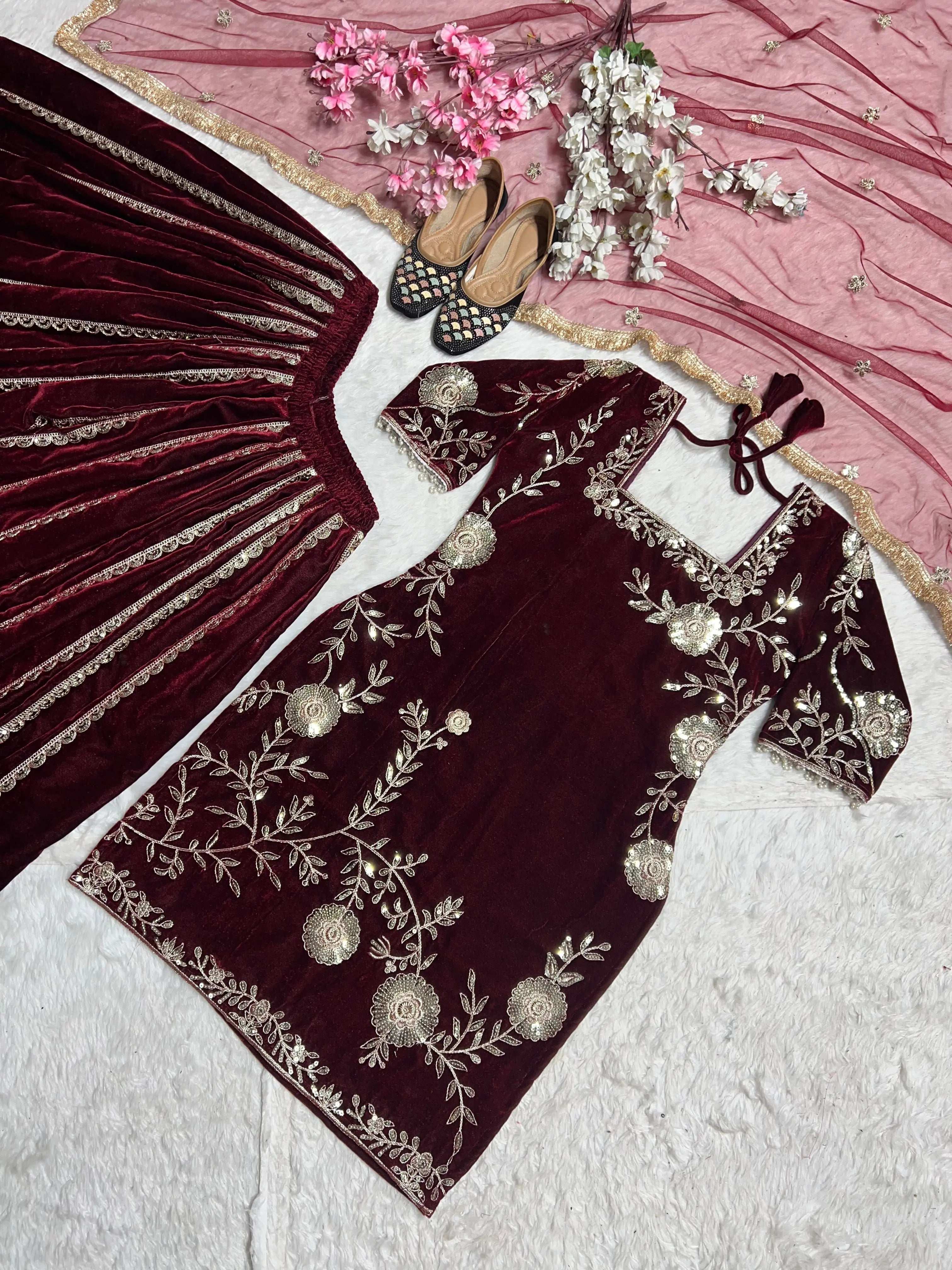 AAvaran Maroon Velvet Embroidered Sharara Suit with Dupatta | AAvaran Luxe Set Kurti Set with dupatta & Sharara Plazo