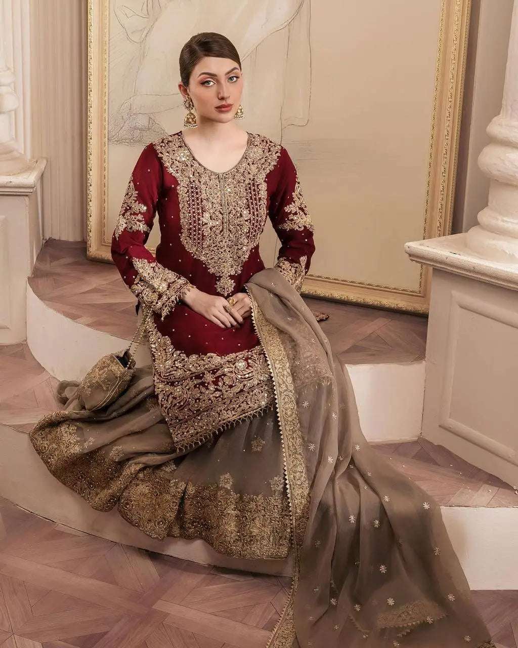 AAvaran AAvaran Faux Georgette Kurta with Sharara Suit – Elegant Pearl Work & Lace Kurti Set with dupatta & Sharara Plazo
