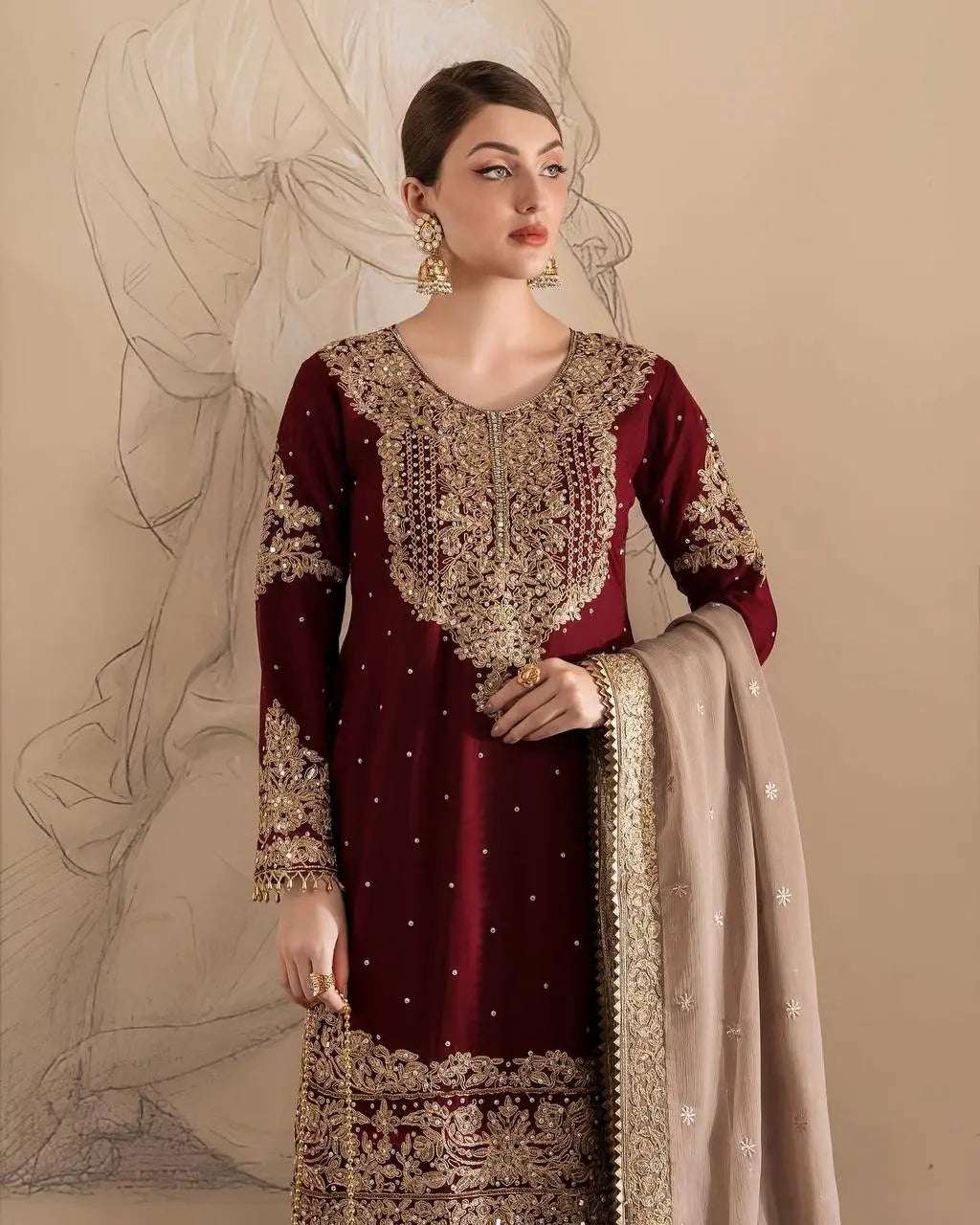 AAvaran AAvaran Faux Georgette Kurta with Sharara Suit – Elegant Pearl Work & Lace Kurti Set with dupatta & Sharara Plazo