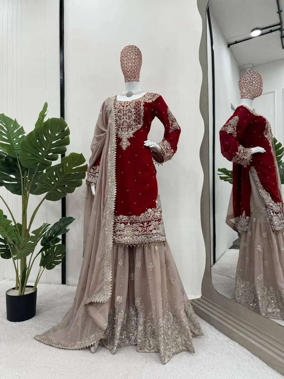 AAvaran AAvaran Faux Georgette Kurta with Sharara Suit – Elegant Pearl Work & Lace Kurti Set with dupatta & Sharara Plazo