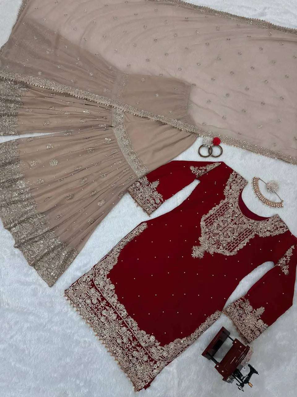 AAvaran AAvaran Faux Georgette Kurta with Sharara Suit – Elegant Pearl Work & Lace Kurti Set with dupatta & Sharara Plazo