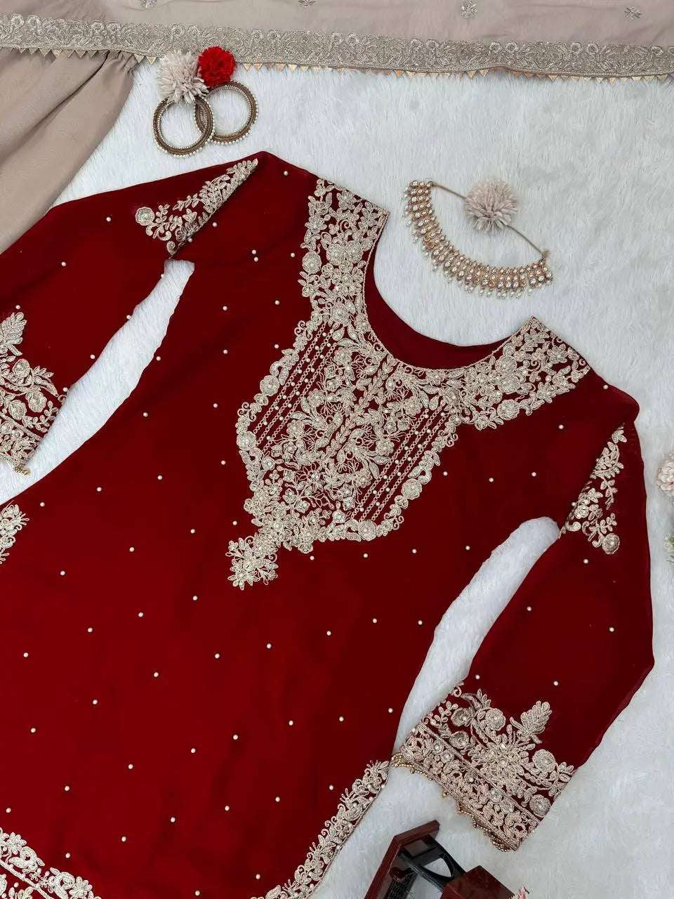 AAvaran AAvaran Faux Georgette Kurta with Sharara Suit – Elegant Pearl Work & Lace Kurti Set with dupatta & Sharara Plazo