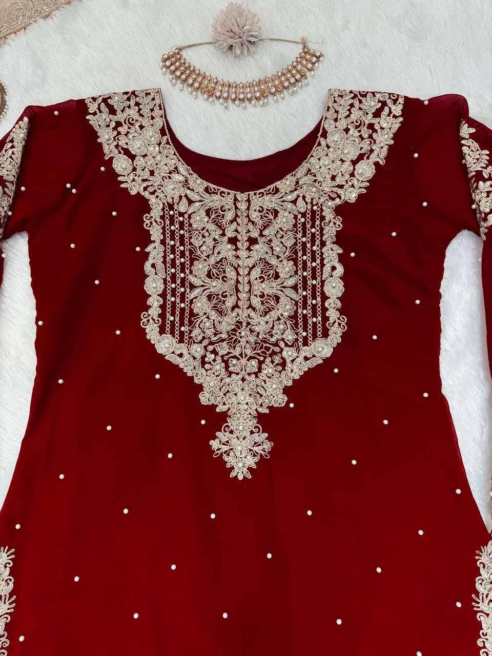 AAvaran AAvaran Faux Georgette Kurta with Sharara Suit – Elegant Pearl Work & Lace Kurti Set with dupatta & Sharara Plazo