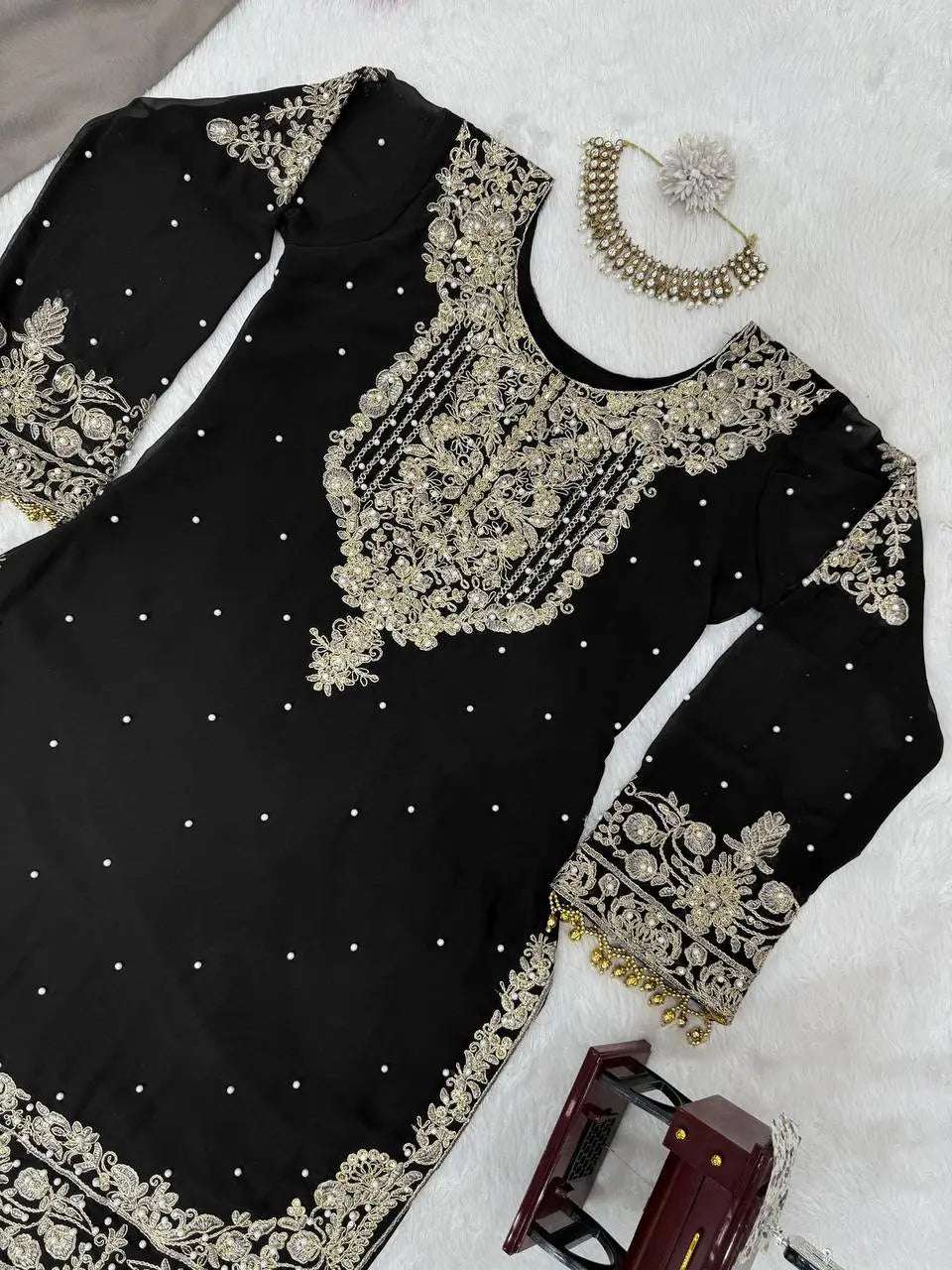 AAvaran AAvaran Faux Georgette Kurta with Sharara Suit – Elegant Pearl Work & Lace Kurti Set with dupatta & Sharara Plazo