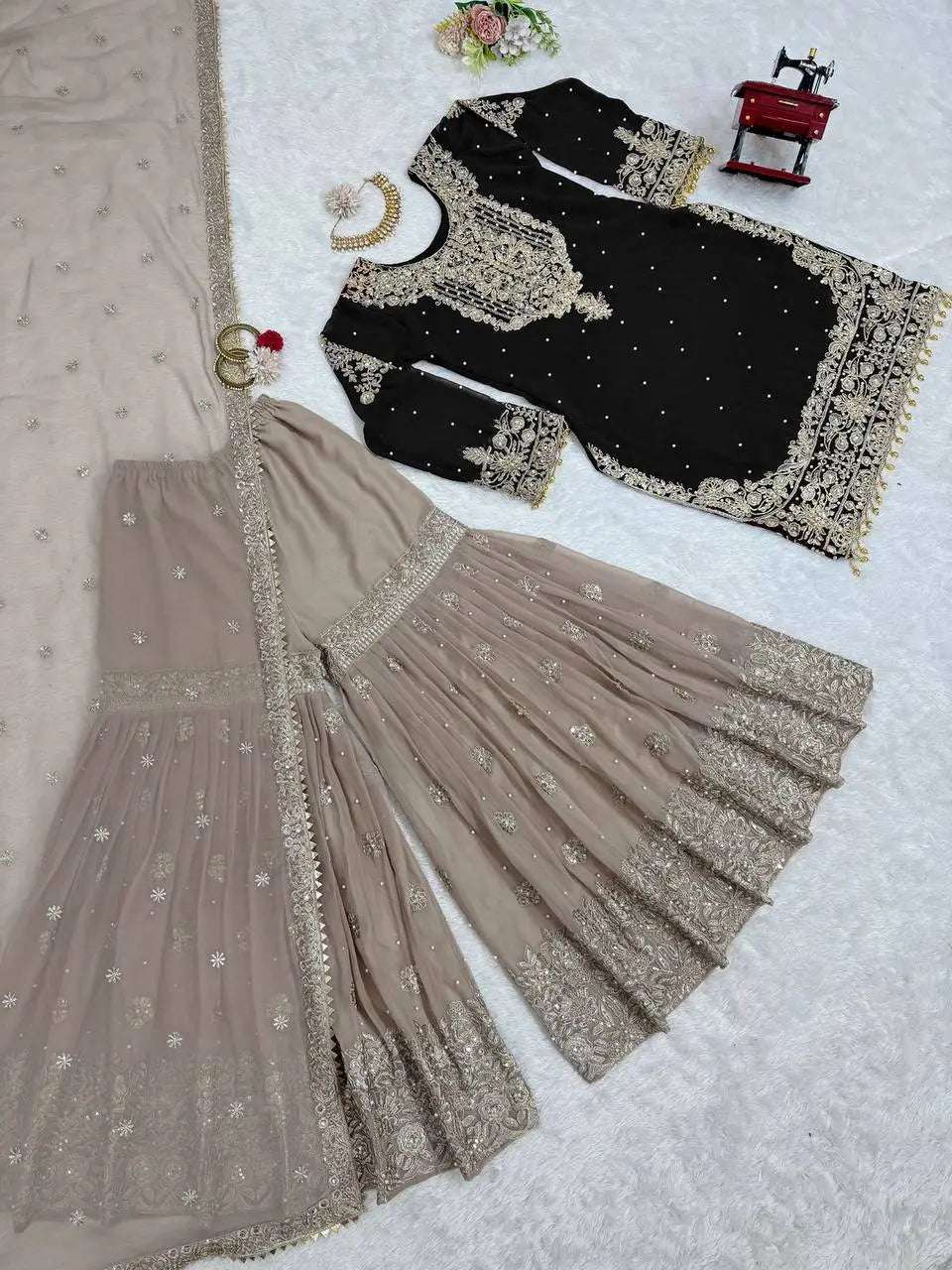 AAvaran AAvaran Faux Georgette Kurta with Sharara Suit – Elegant Pearl Work & Lace Kurti Set with dupatta & Sharara Plazo