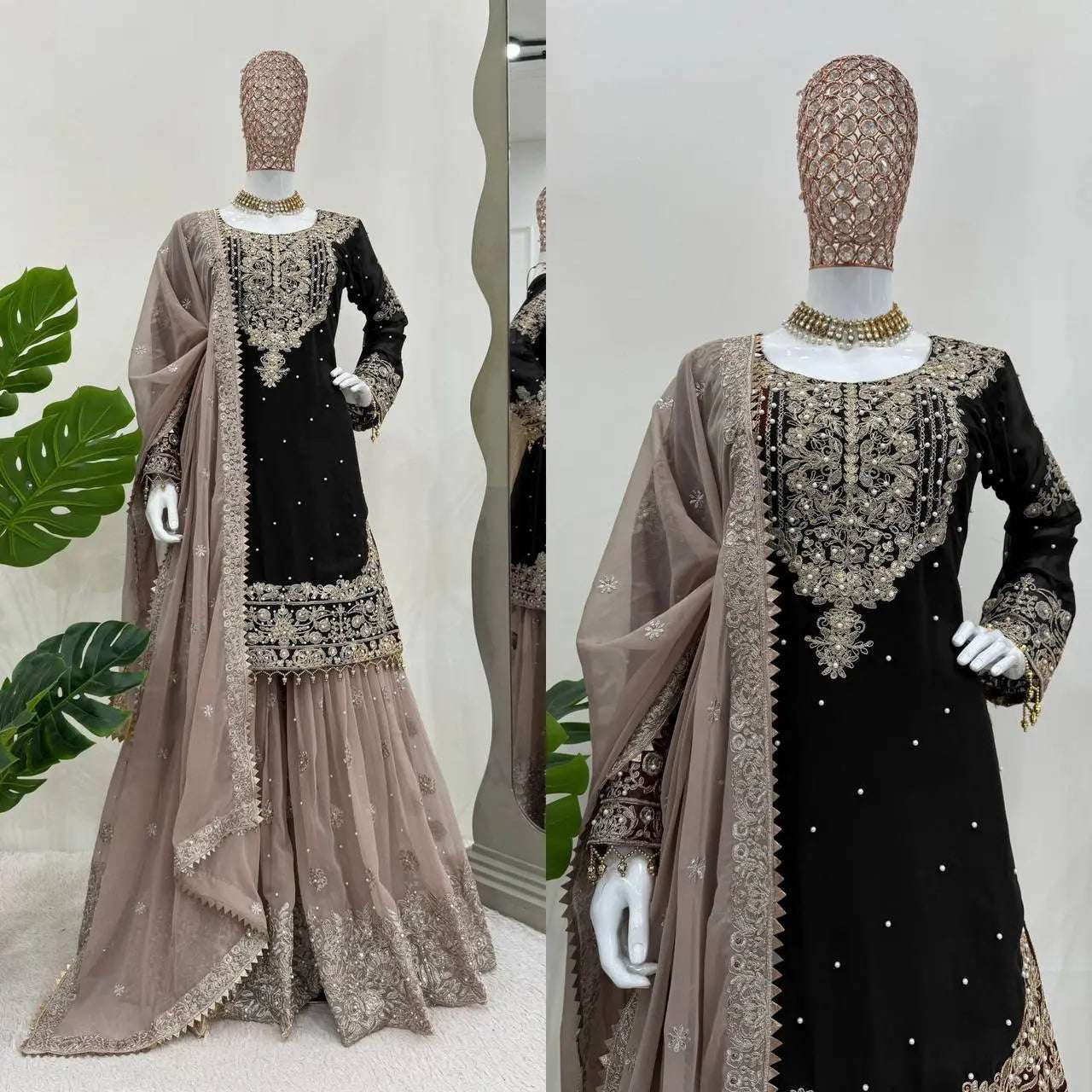 AAvaran AAvaran Faux Georgette Kurta with Sharara Suit – Elegant Pearl Work & Lace Kurti Set with dupatta & Sharara Plazo