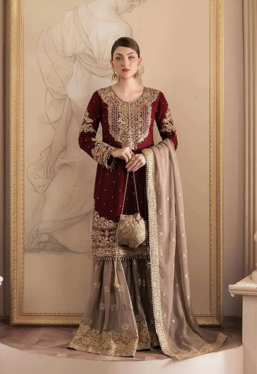 AAvaran AAvaran Faux Georgette Kurta with Sharara Suit – Elegant Pearl Work & Lace Maroon Kurti Set with dupatta & Sharara Plazo