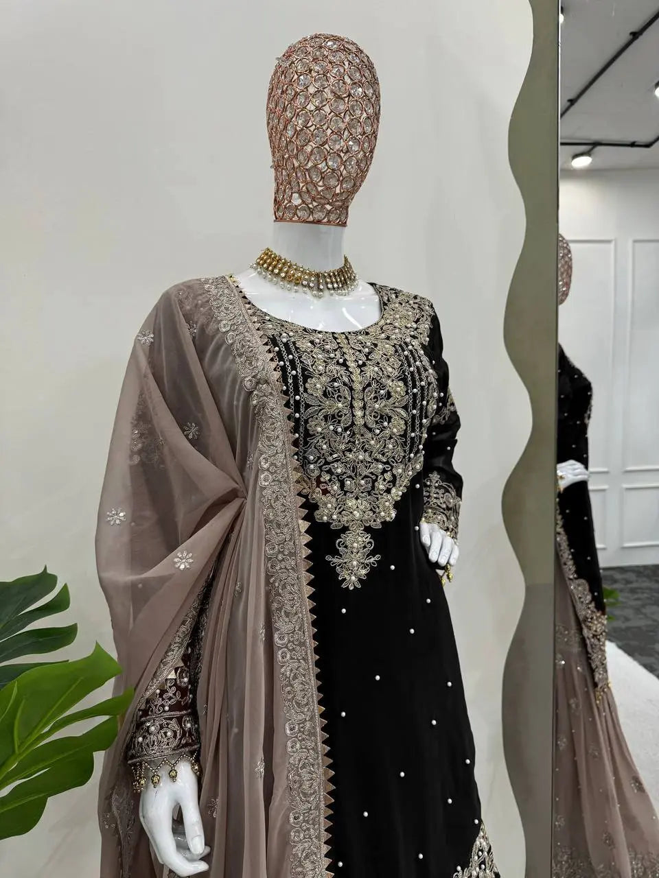 AAvaran AAvaran Faux Georgette Kurta with Sharara Suit – Elegant Pearl Work & Lace Kurti Set with dupatta & Sharara Plazo