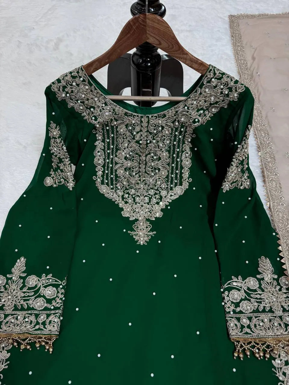 AAvaran AAvaran Faux Georgette Kurta with Sharara Suit – Elegant Pearl Work & Lace Kurti Set with dupatta & Sharara Plazo