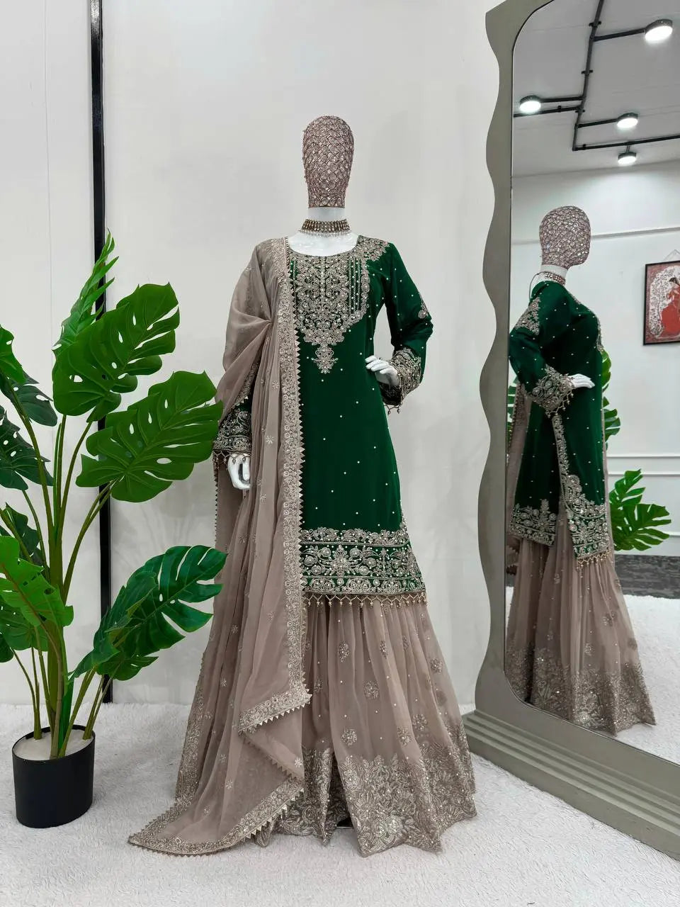 AAvaran AAvaran Faux Georgette Kurta with Sharara Suit – Elegant Pearl Work & Lace Forest Green Kurti Set with dupatta & Sharara Plazo